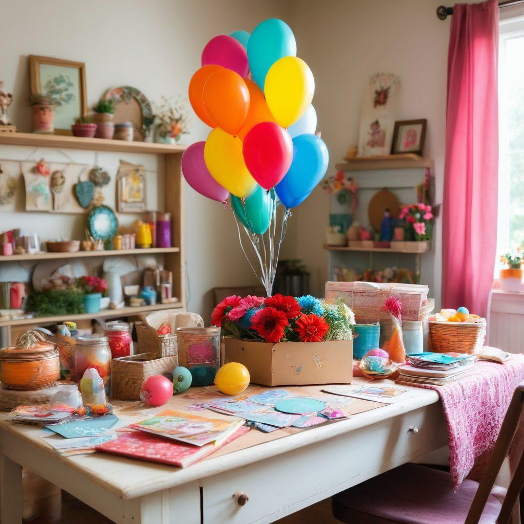 A whimsical scene of a bright, sunlit workshop filled with colorful gift-wrapping materials, handmade cards, and cheerful keepsakes. Delighted hands are expertly crafting unique gifts, surrounded by playful decorations like balloons and flowers. A splash of joy is portrayed with smiles and laughter in the air, symbolizing happiness in every handmade item. soft focus. vibrant colors. cozy illustration.