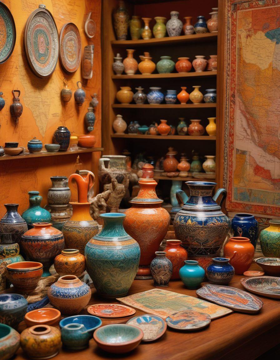 A beautifully arranged display of distinctive souvenirs from around the world, showcasing items like colorful handcrafted pottery, unique textiles, and intricate jewelry. Each item radiates joy and cultural significance, set against a warm, inviting backdrop. Incorporate elements like maps and travel pictures to evoke wanderlust. The composition should invite the viewer to explore and appreciate the stories behind each piece. vibrant colors. super-realistic.
