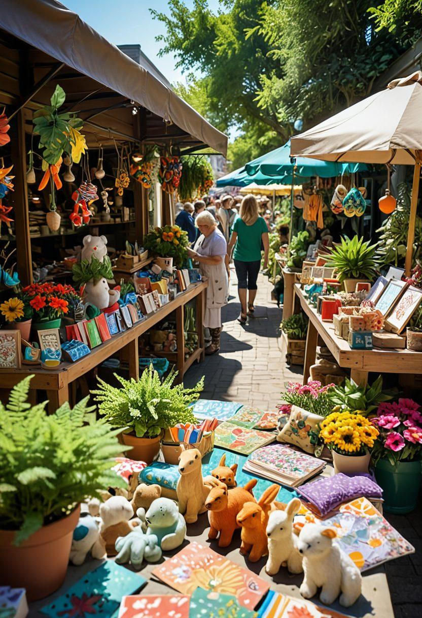 A whimsical display of colorful unique souvenirs and cheerful gifts, including hand-painted trinkets, vibrant greeting cards, and playful stuffed animals, all arranged on a sunny outdoor market table. Add cheerful people browsing and smiling, with lush green plants in the background. The atmosphere should radiate joy and celebration. vibrant colors. 3D.